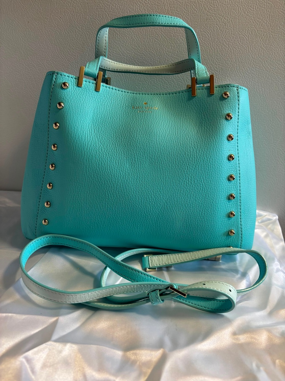 Vintage Kate Spade Turquoise Leather Stud Tote with leather interior + crossbody